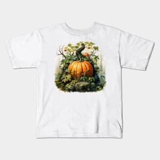 Whimsical Pumpkin Miniature Forest Watercolor Illustration of Autumn Kids T-Shirt